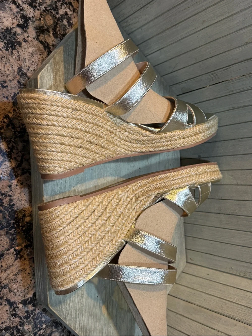 New Stuart Weitzman Metallic Gold Wedge Sandals with Espadrille Platform 10 - Picture 8 of 13